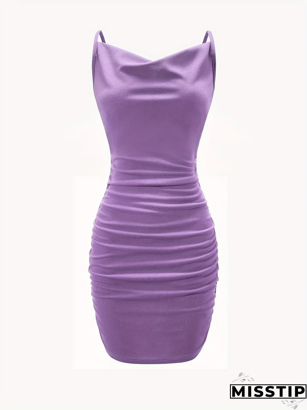 Solid Cowl Neck Mini Dress, Ruched Side Body Con Cami Dress , Women's Clothings