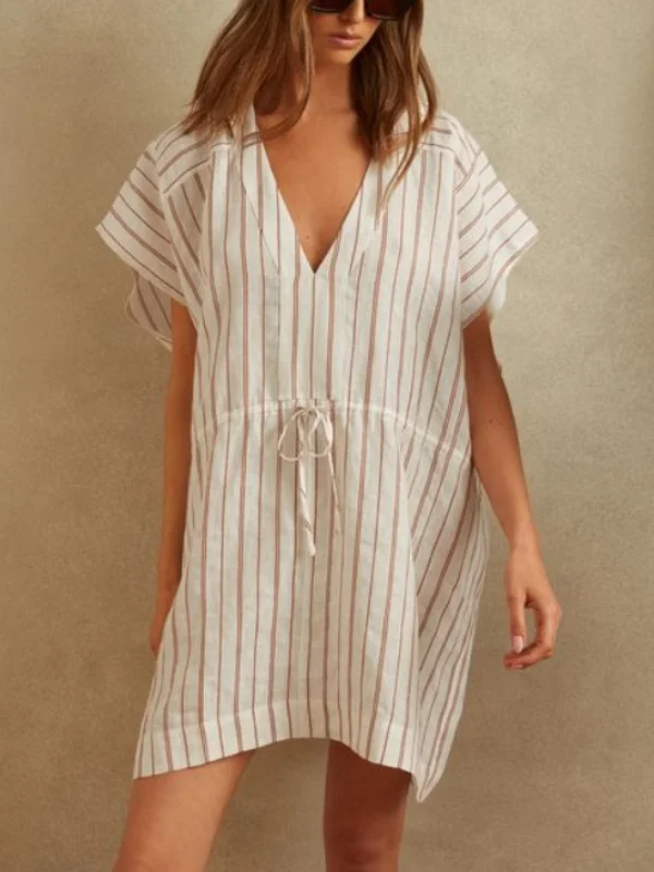 V-neck Striped Waist Drawstring Loose Mini Dress