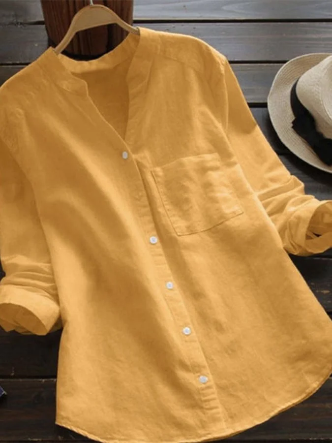 Solid Color Loose Long Sleeve V-Neck Shirt