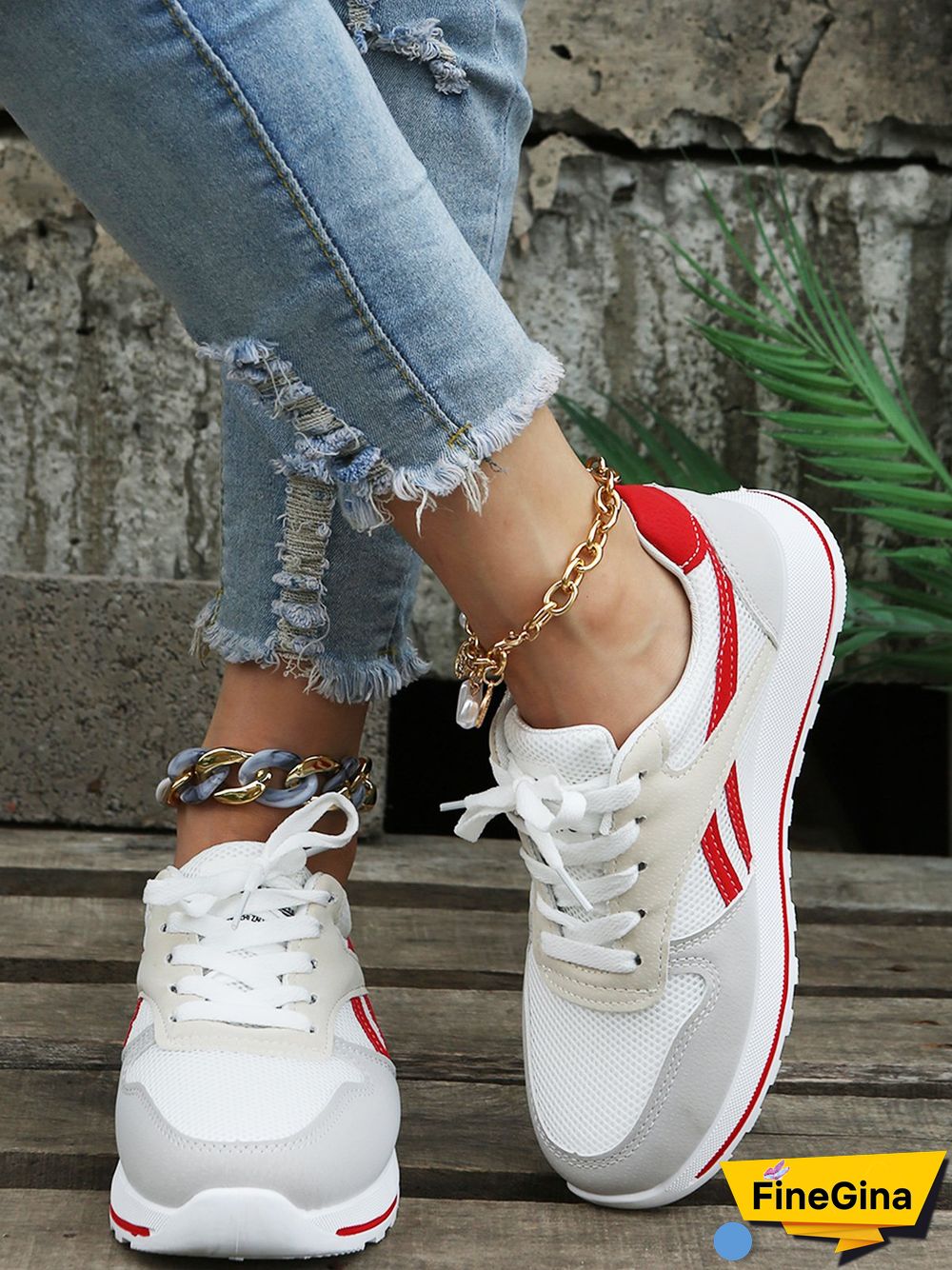 Color Block Sports All Season Split Joint Flat Heel Round Toe Fabric Fabric Lace-Up Sneakers for Women