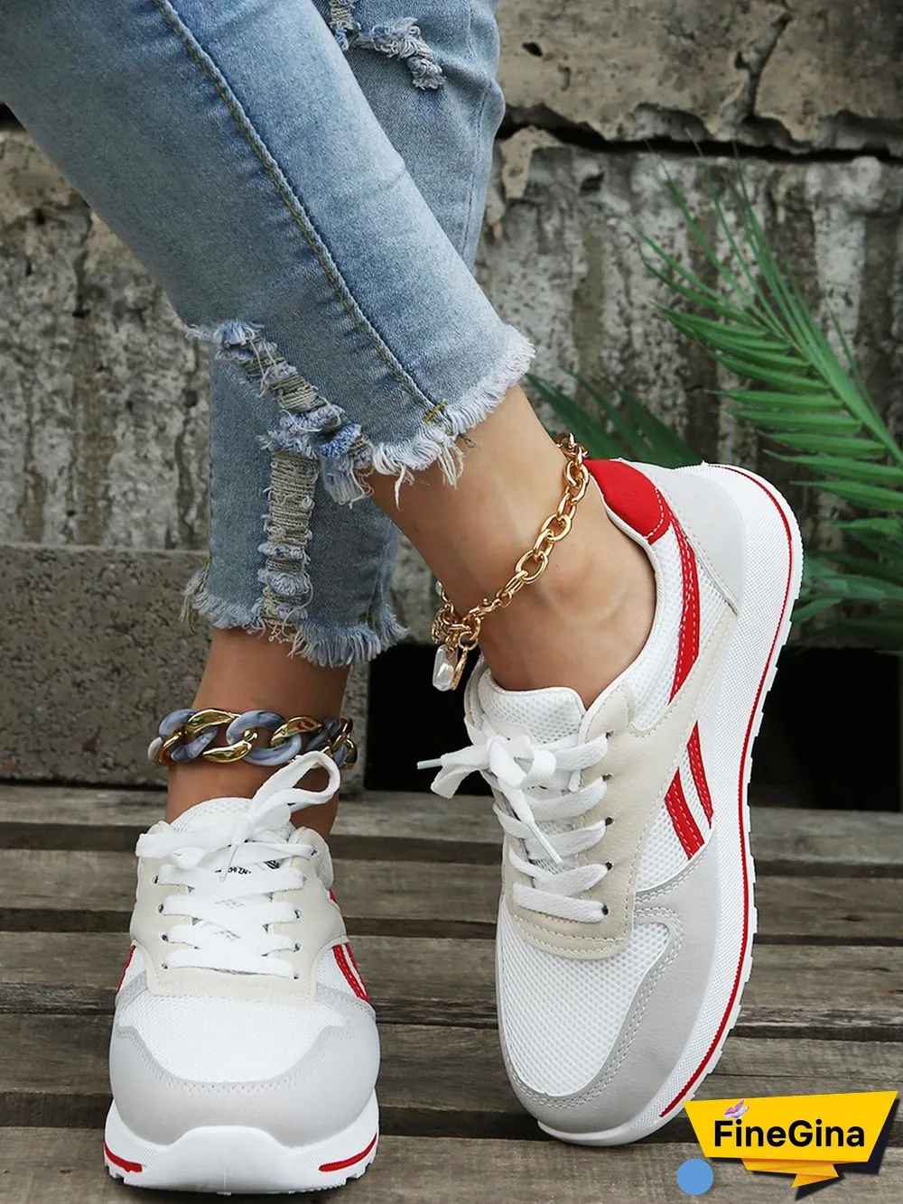 Color Block Sports All Season Split Joint Flat Heel Round Toe Fabric Fabric Lace-Up Sneakers for Women