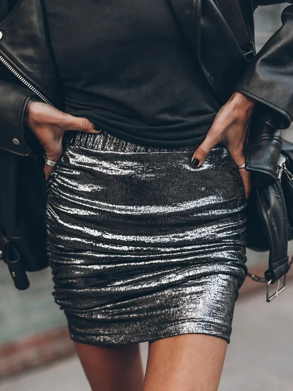 Shiny Pleated Elastics Skinny Bodycon Skirts