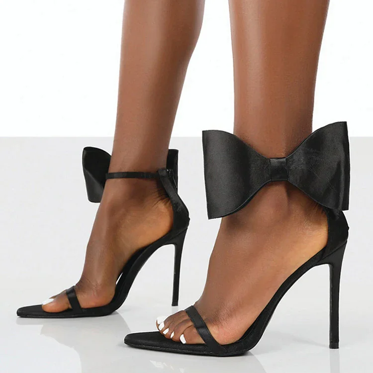 Pointed Toe Bow Shoes Classic Satin Heels Ankle Strap Stiletto Sandals |FSJ Shoes