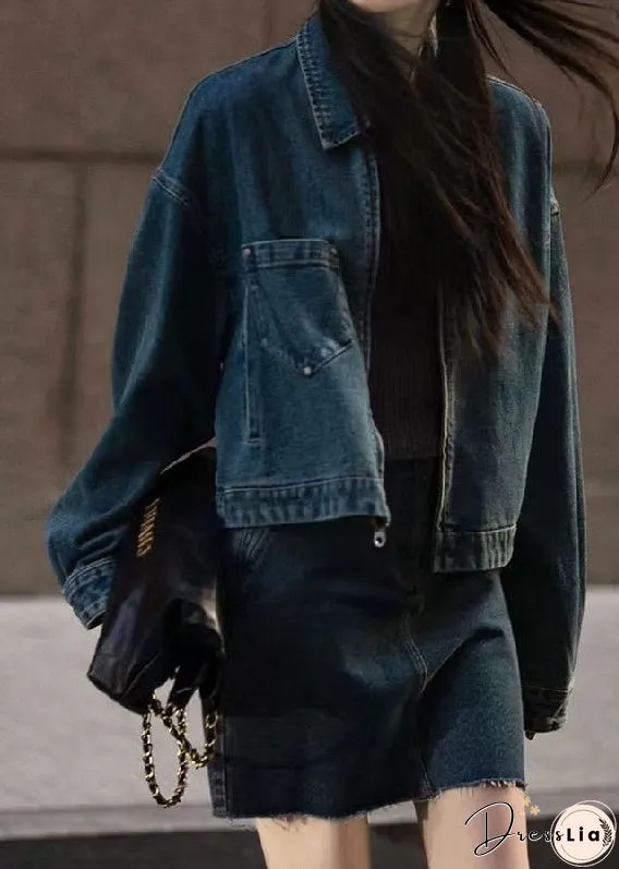 Retro Blue Peter Pan Collar Patchwork Button Denim Coats Long Sleeve