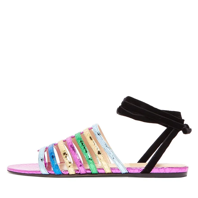 Multicolor Straps Ankle Strap Flat Sandals |FSJ Shoes