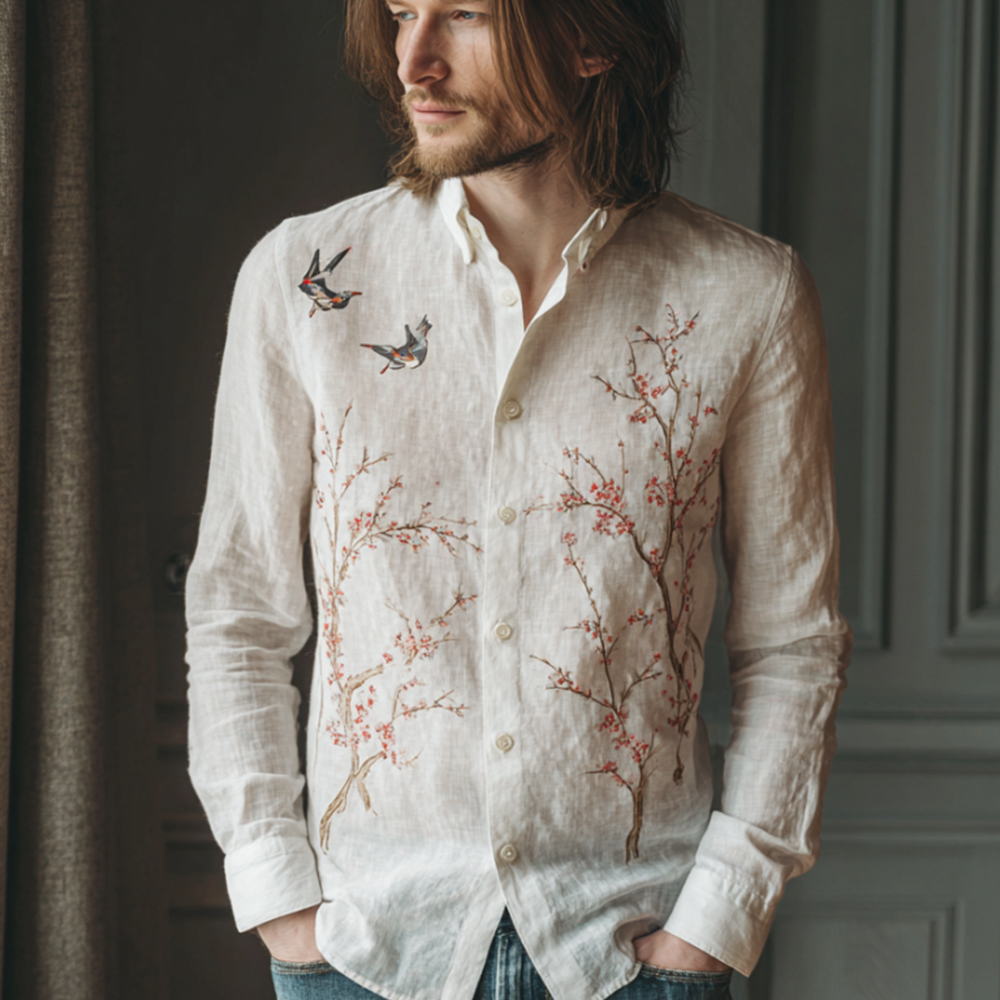 Retro Japanese Cherry Blossom And Magpie Vintage Button-down Shirt  artssus