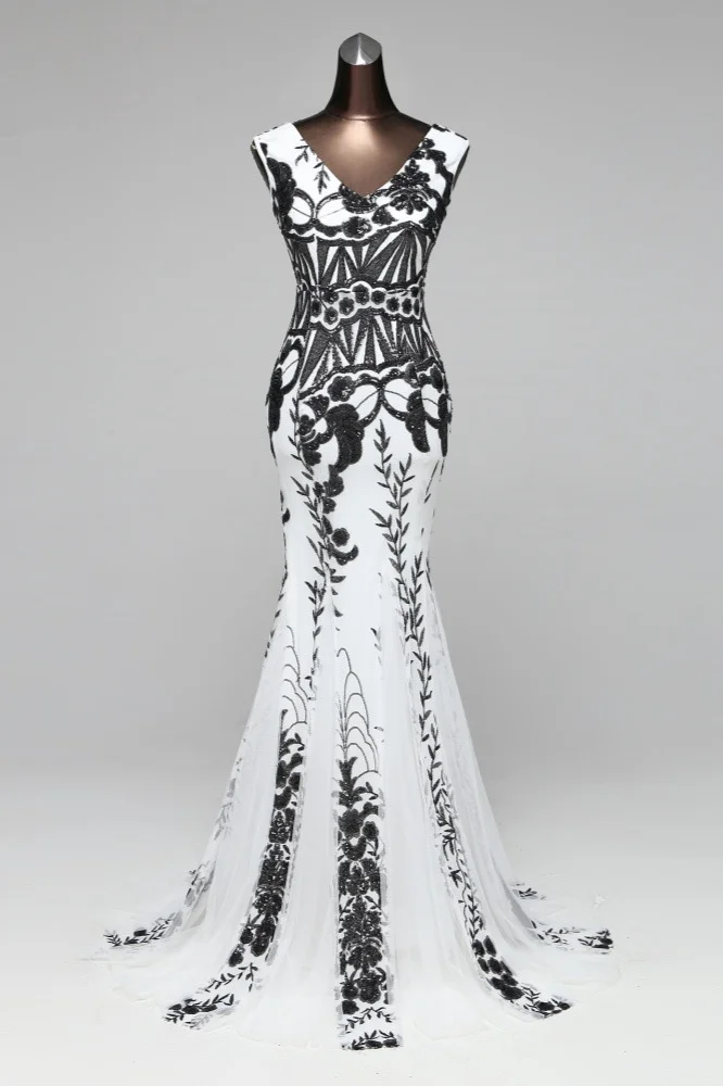 black white sequins mermaid v-neck prom dress