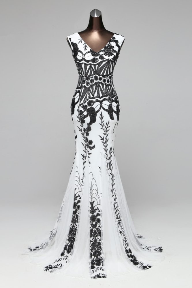 black white sequins mermaid v-neck prom dress