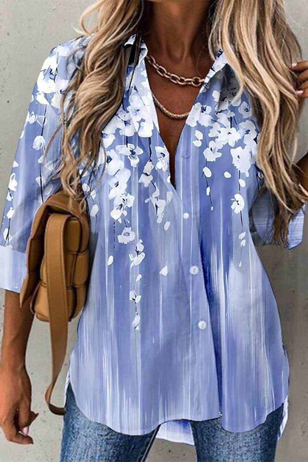 Plus Size Casual Blue Floral Print Shirt Collar Button Long Sleeve Blouse 2024 - Flycurvy 