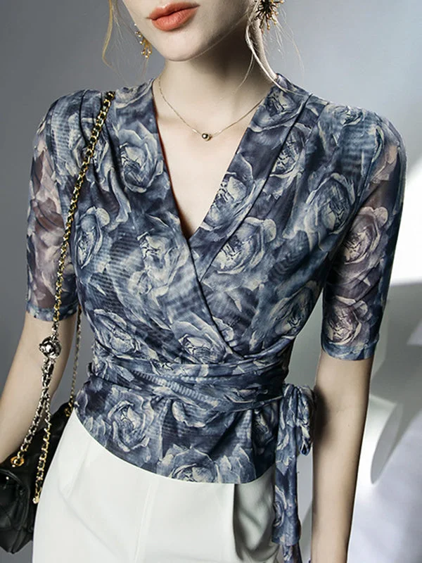 Half Sleeves Plus Size Flower Print Mesh Tied V-Neck Blouses&Shirts Tops