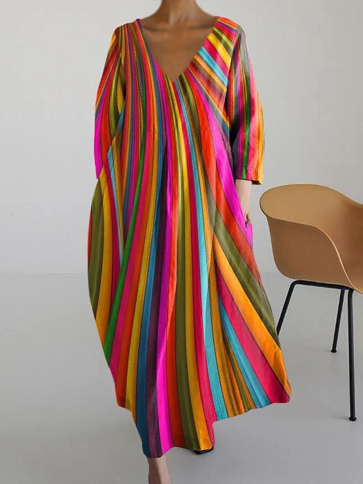 Retro V-neck Rainbow Striped Casual Dress