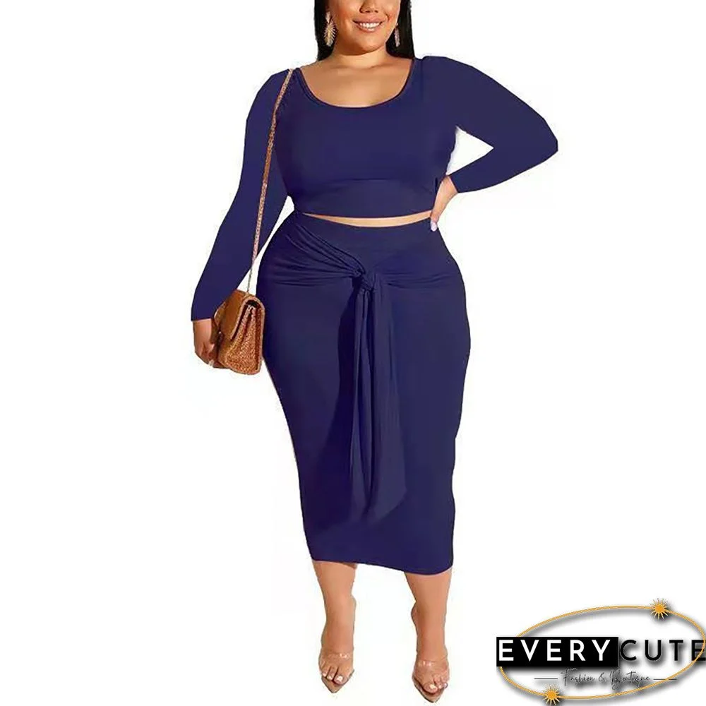 Navy Blue Long Sleeve Crop Top and Tie Waist Skirt Plus Size Set