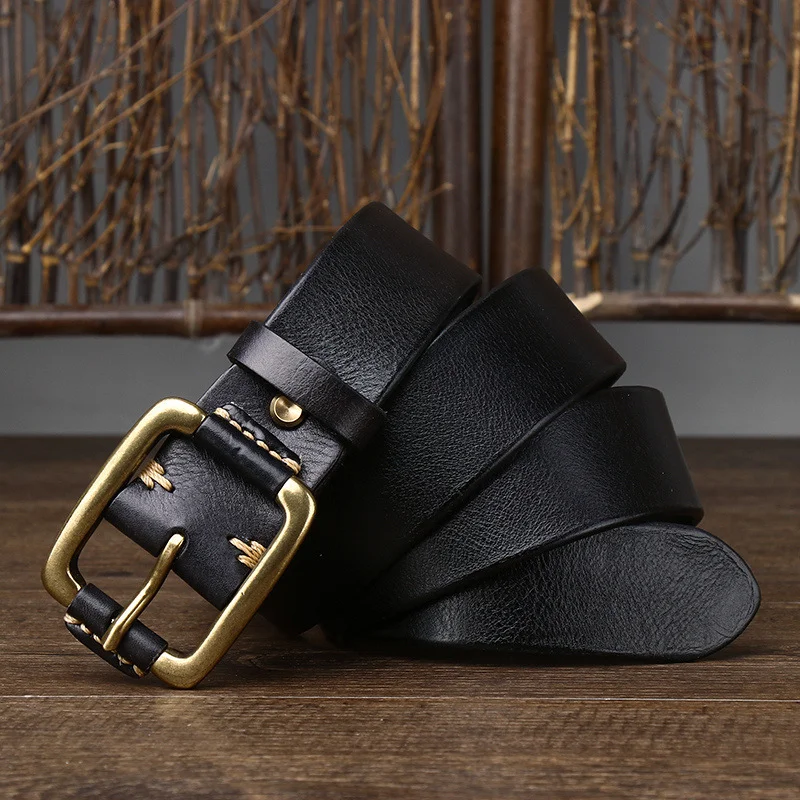 Men's Simple and Fashionable Leather Cowhide Retro Copper Buckle Old Tooling Jeans Belt