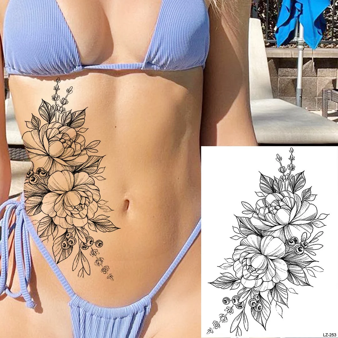 Sdrawing Large Rose FLower Temporary Tattoos For Women Adults Henna Skull Compass Snake Flower Fake Tattoo Sticker Leg Tatoos Thigh