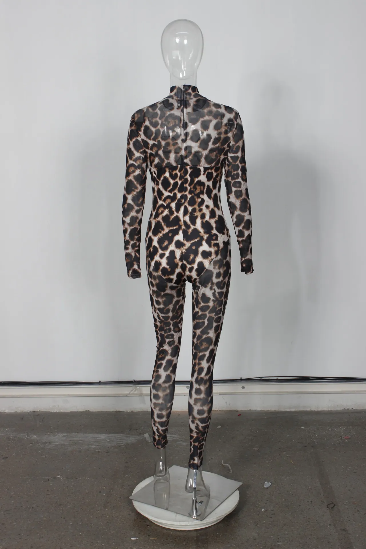 Autumn Slim Sexy Mesh See through Leopard Print Stretch Jumpsuit