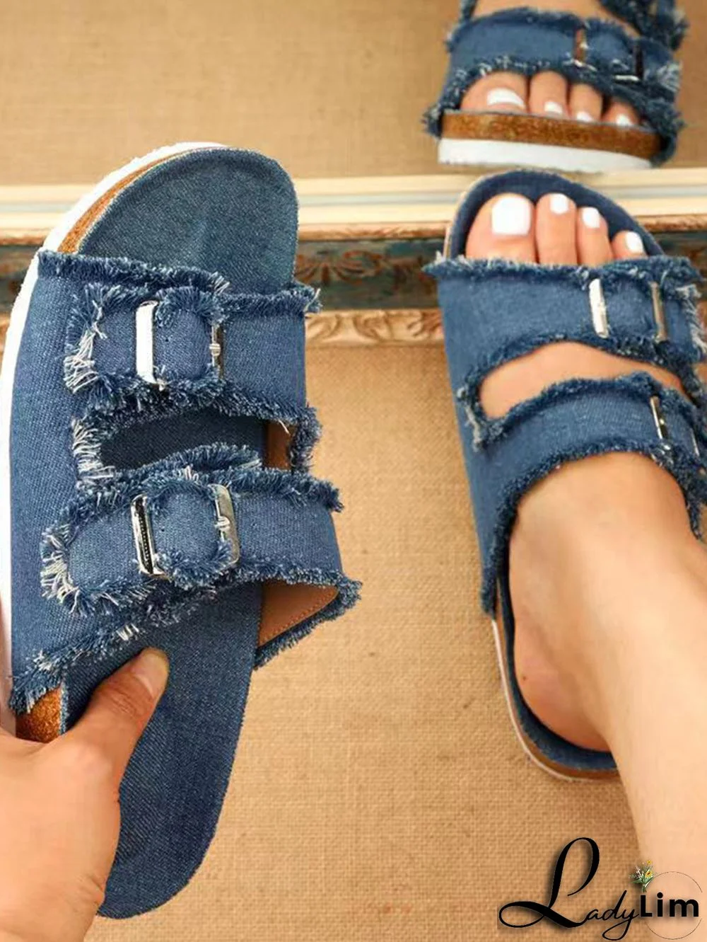 Fashion Plain Open Toe Denim Dual Strap Flats Slide Sandals