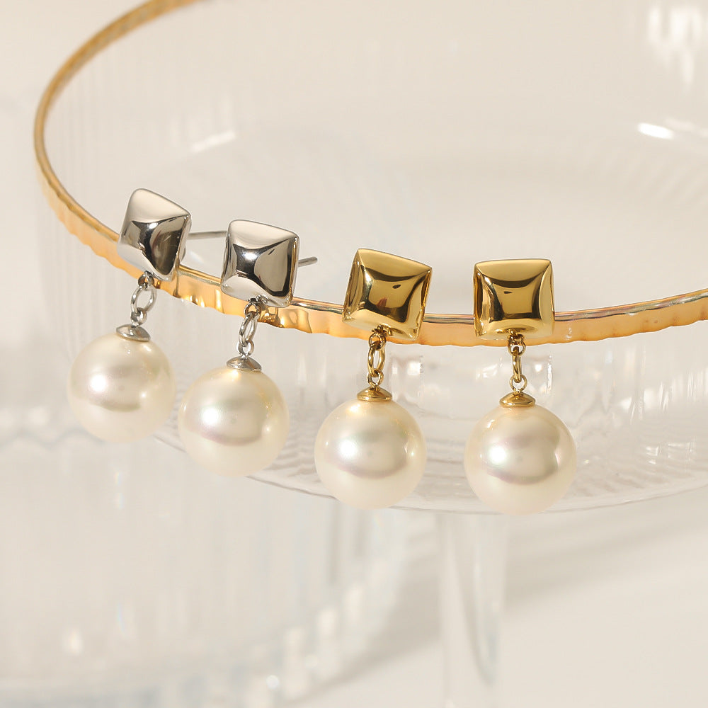 IG Style Pearl Rhombus Geometric Stainless Steel Electroplating Earrings