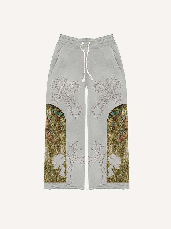 Figure&Cross&Letter Faux Rhinestones Print Elastic Waist Pants