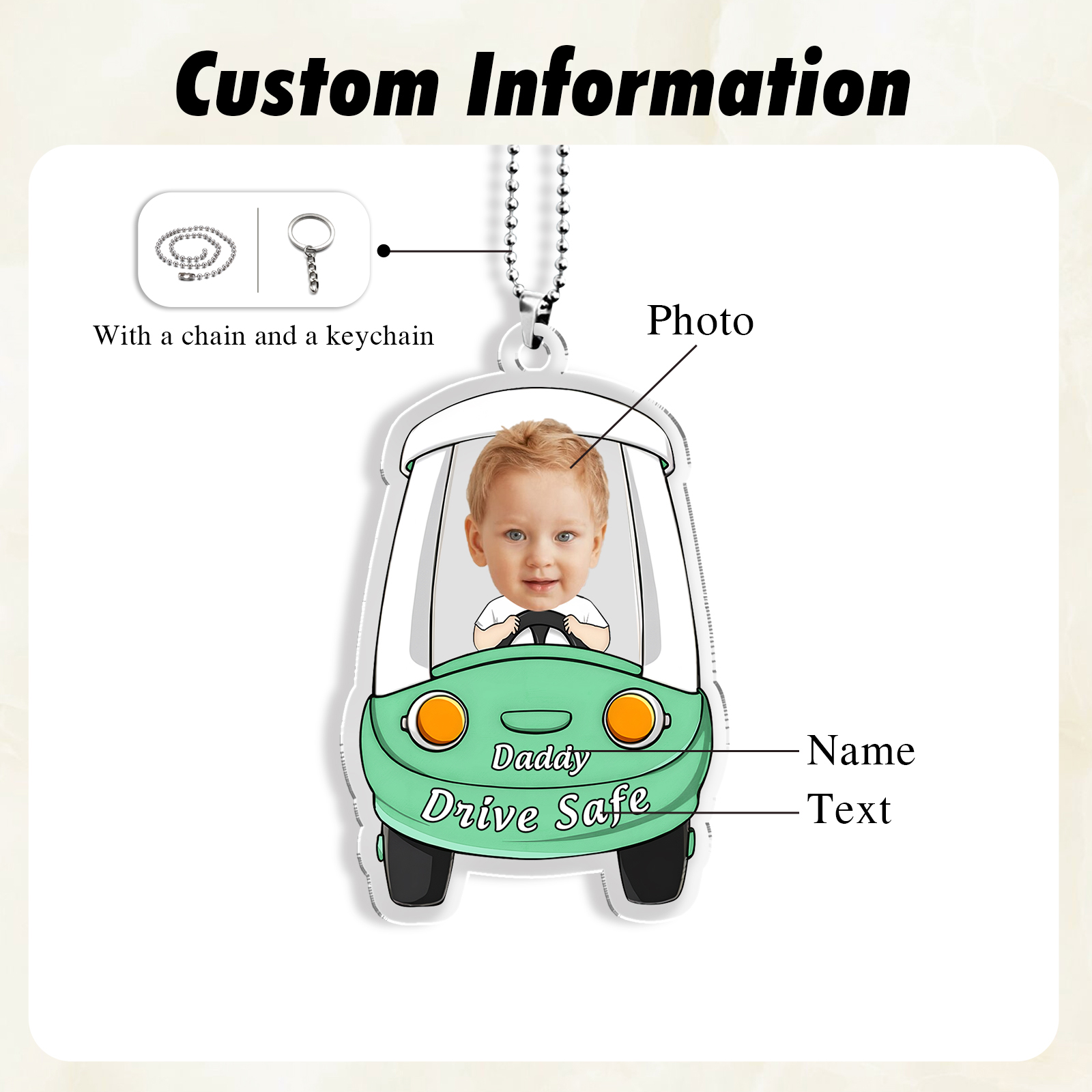 Personalised Car Acrylic Hanging Ornament Custom Photo & Text & Name Keychain Pedant Gift for Family-Jessemade AU