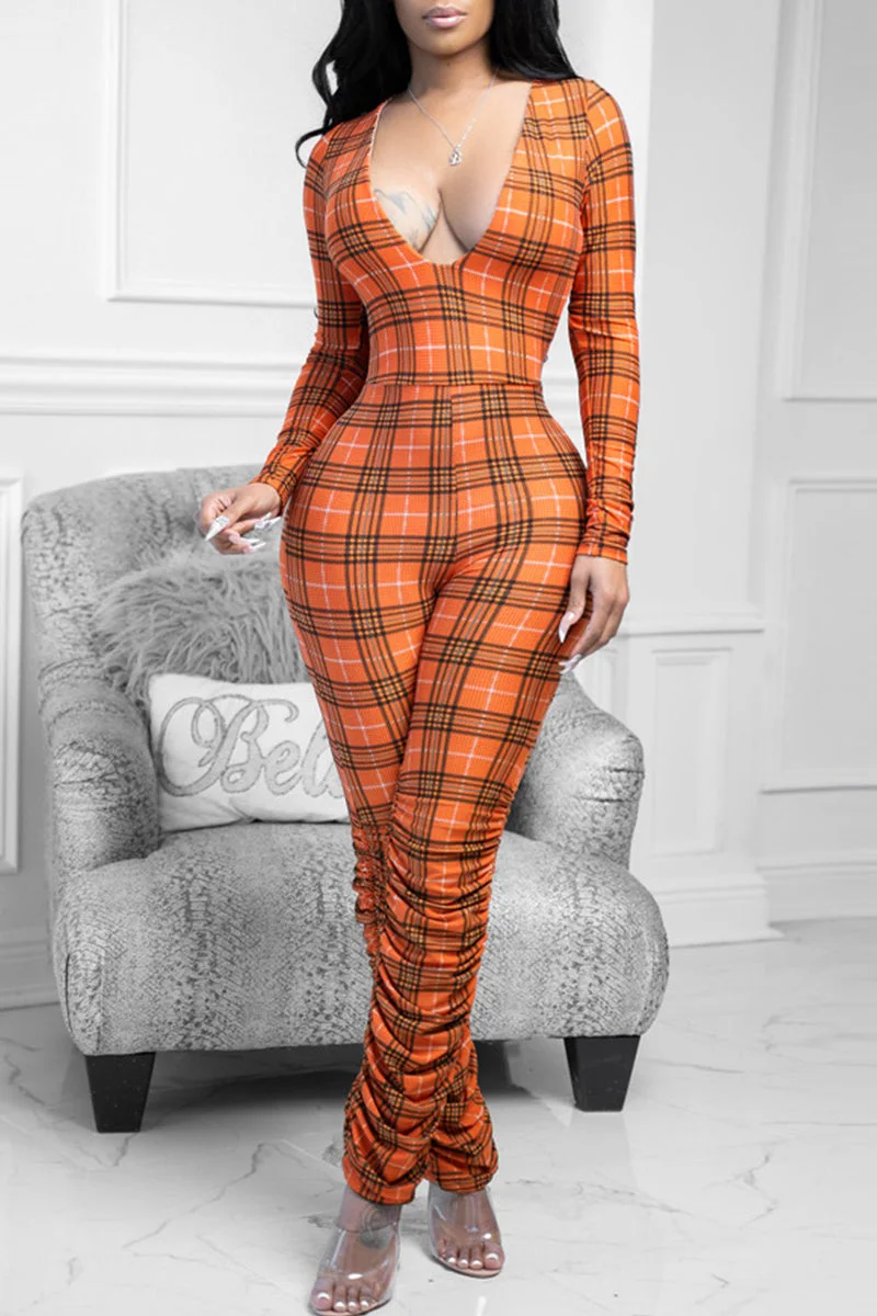 Fashion Casual Plaid Print Fold V Neck Regular Jumpsuits
