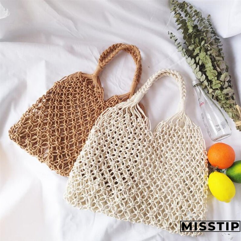 Paziye Shoulder Woven Bag Handbag Handmade Cotton Rope Net Bag Beach Bag
