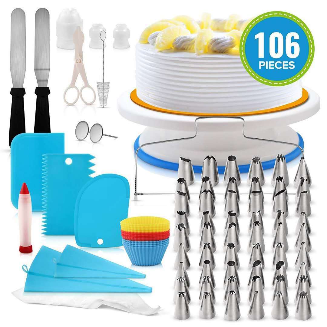 106 pcs Cake Decorating Kit with Rotating Turntable Stand, Icing Piping Tips Pastry Bags, Icing Spatula Smoother