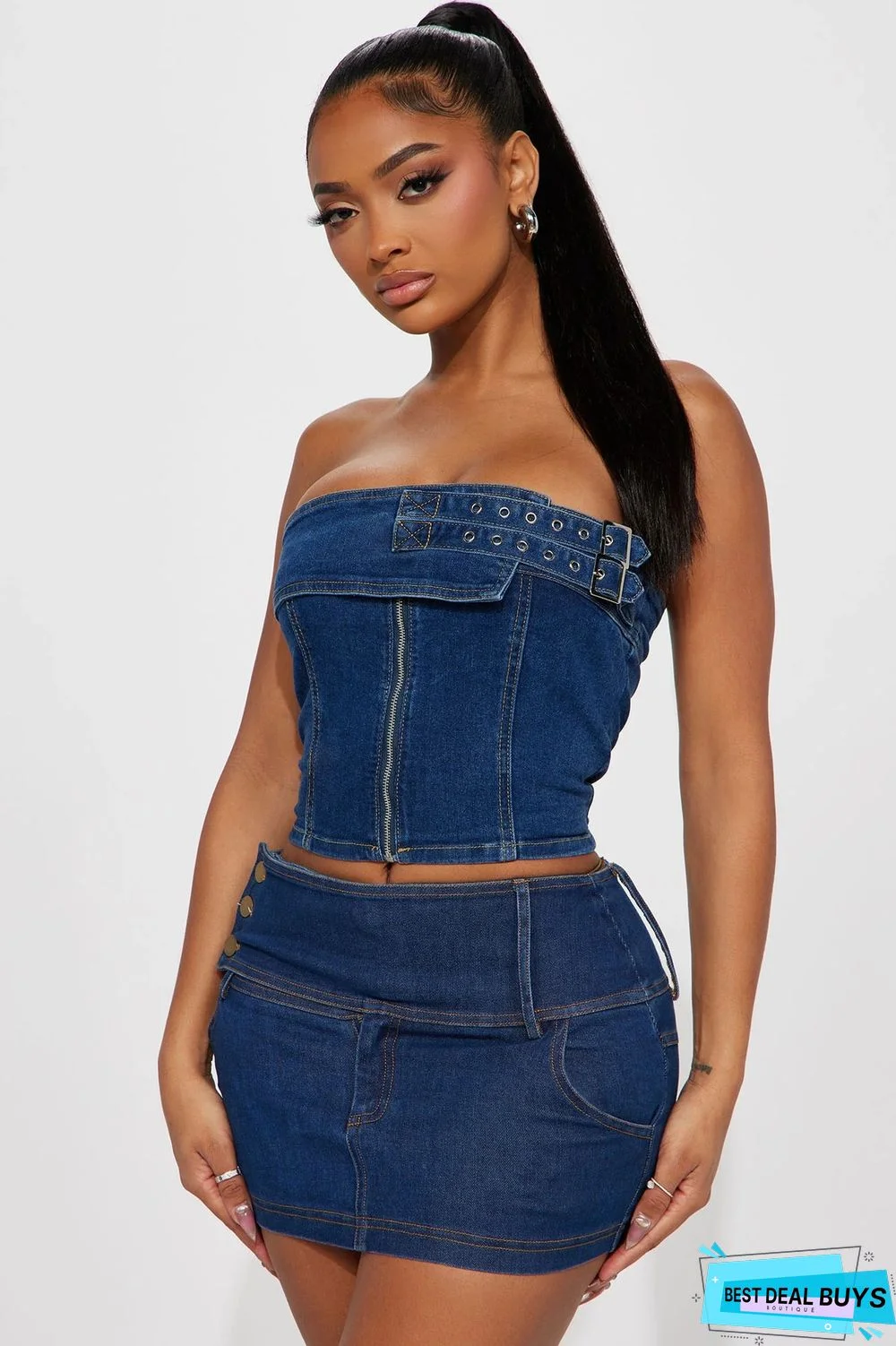 Sexy Strapless Stretch Denim Two Piece Skirt Set