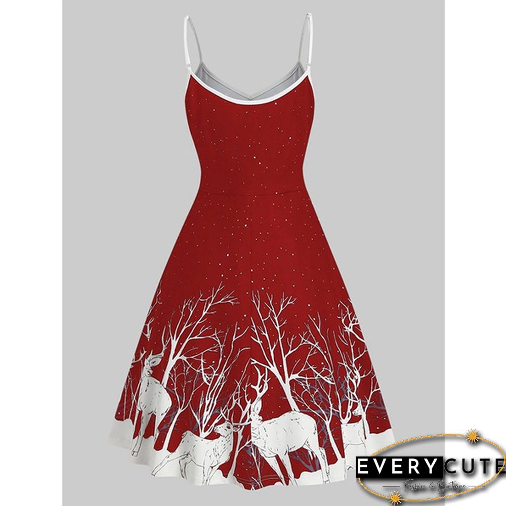 Christmas Print Sequin Patchwork Sleeveless Dress Santa Xmas Deer Skater Party Dresses