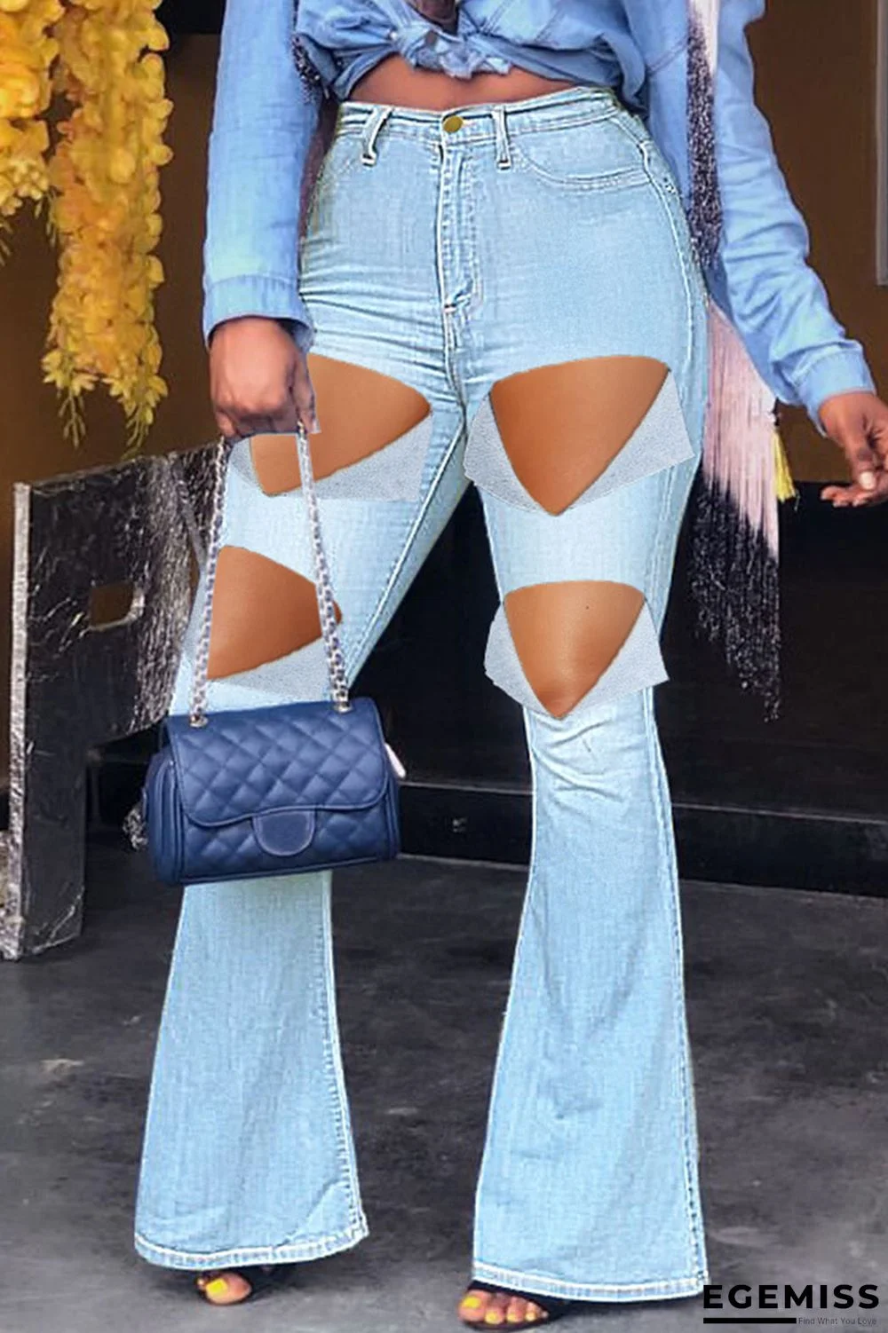 Baby Blue Sexy Street Solid Ripped Patchwork High Waist Boot Cut Denim Jeans | EGEMISS