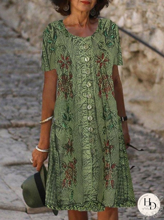 Casual Dress Summer Dress Print Dress Floral Button Pocket Crew Neck Midi Dress Active Fashion Outdoor Date Short Sleeve Regular Fit Green Summer Spring S M L XL XXL for Women