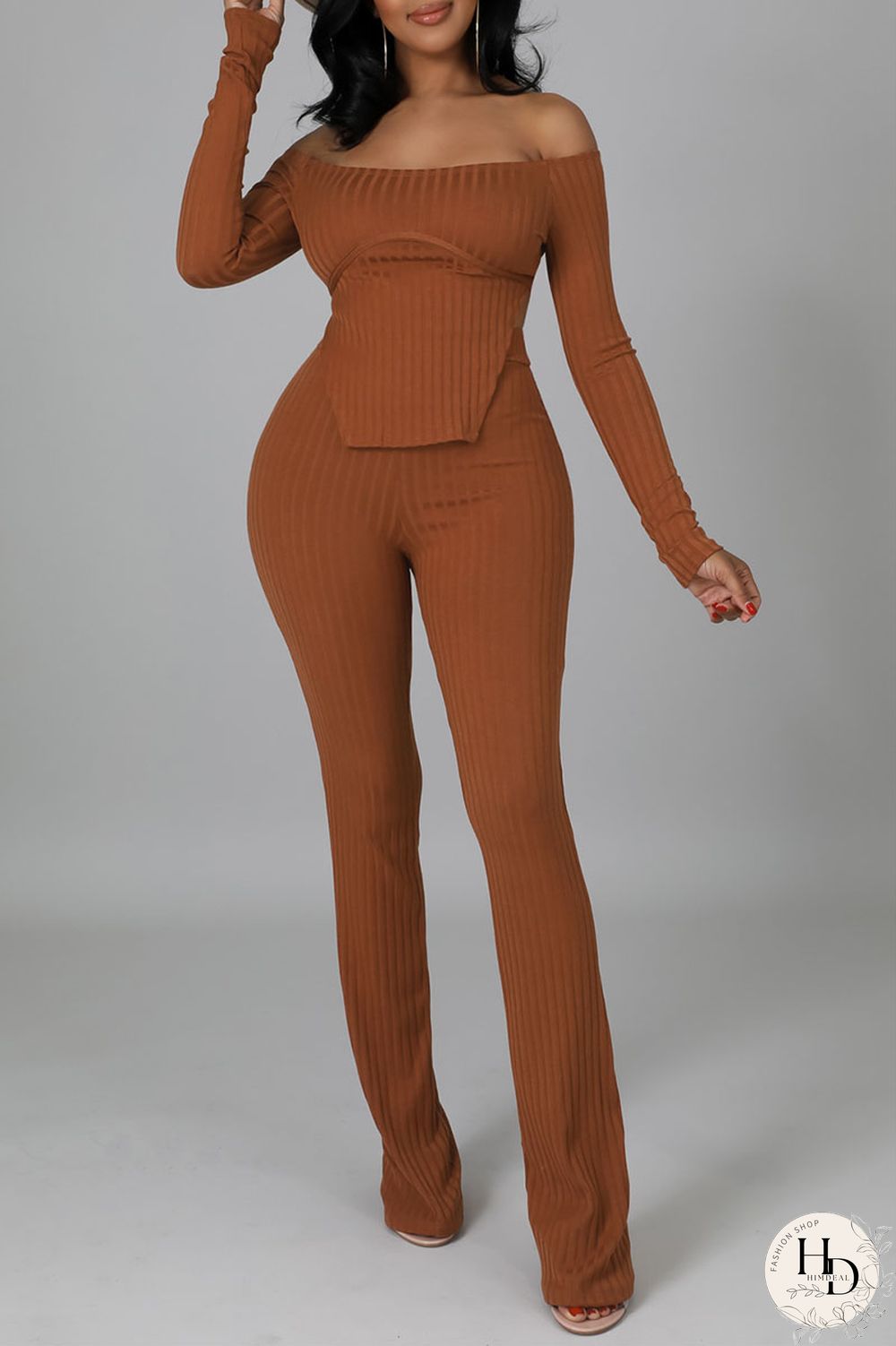 Apricot Casual Solid Split Joint Slit Off the Shoulder Long Sleeve Two Pieces