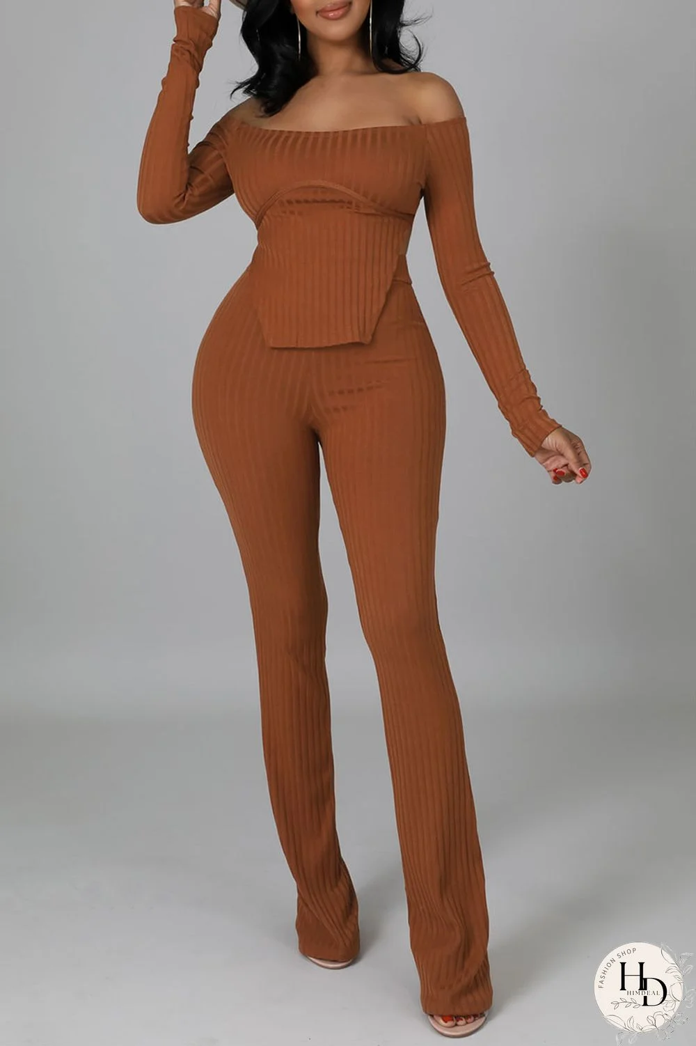 Apricot Casual Solid Split Joint Slit Off the Shoulder Long Sleeve Two Pieces