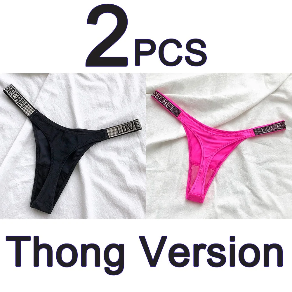 2PCS Sexy Low Waist Panties G String Comfort Satin Underwear Women Rhinestone High Fork Thong Seamless Intimates Lingerie Cotton