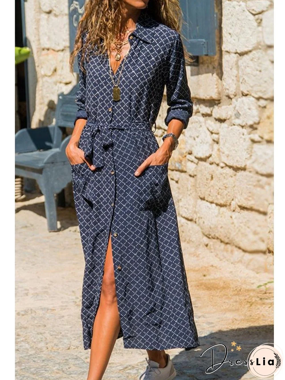 Casual Shirt Collar Printed Maxi Dress (5 Colors) P10599