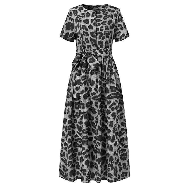 2022 ZANZEA Bohemian Summer Leopard Printed Sundress Fashion Holiday Short Sleeve A-line Midi Dress Party Vestidos Robe Femme