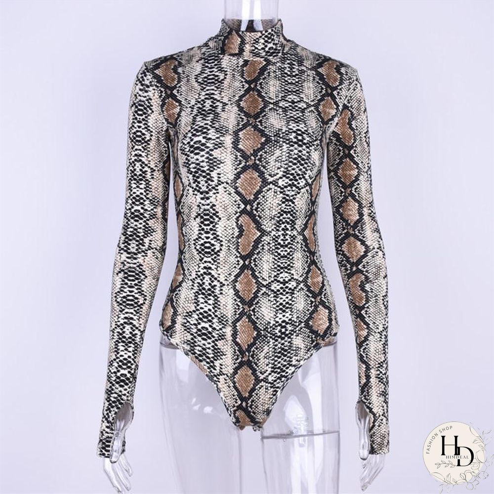 Snakeskin Bodysuits Mulheres Sexy Pele Cobra Alta Gola Manga Longa Python Moda Primavera