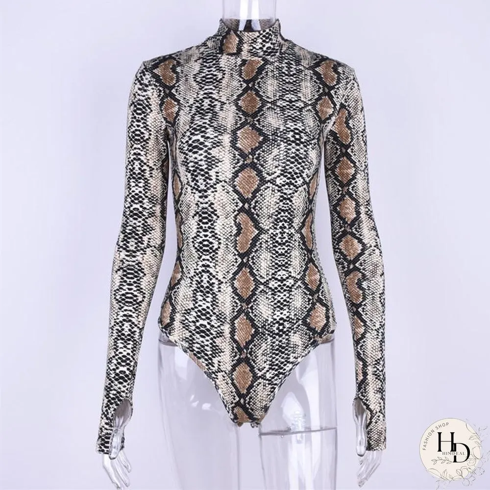 Snakeskin Bodysuits Mulheres Sexy Pele Cobra Alta Gola Manga Longa Python Moda Primavera