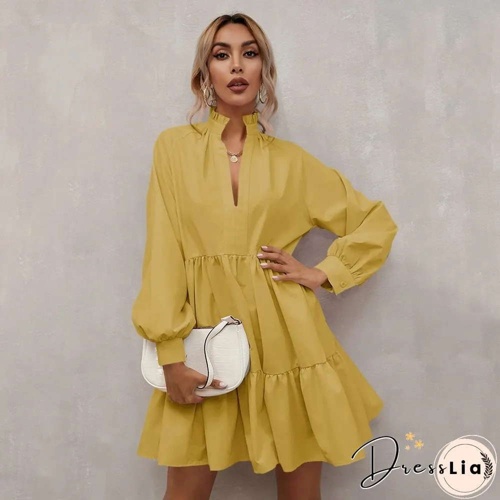 Pleated Skirt Solid V-neck Lantern Dress