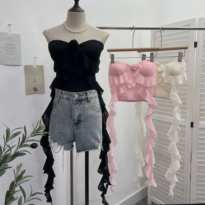 Uveng Real Shooting Lotus Leaf Side Flowers Sleeveless Chest Pads With Chest Vest Pure Desire Style Short-Term Wear 8852