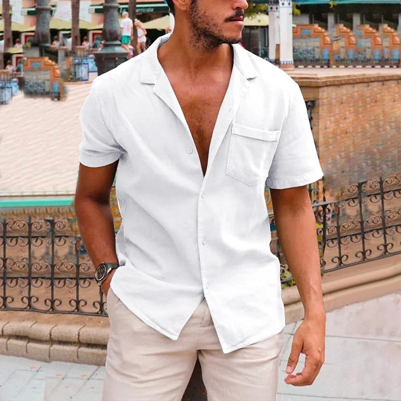 Men's Breathable Solid Color Short Sleeve Loose Cotton Shirt-inspireuse