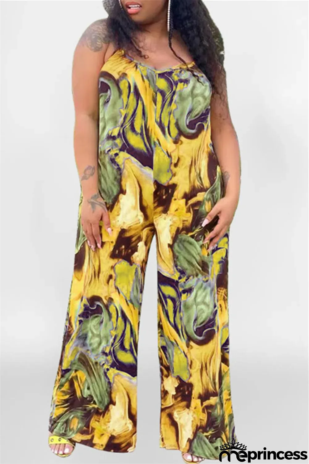 Yellow Sexy Casual Print Backless Spaghetti Strap Plus Size Jumpsuits