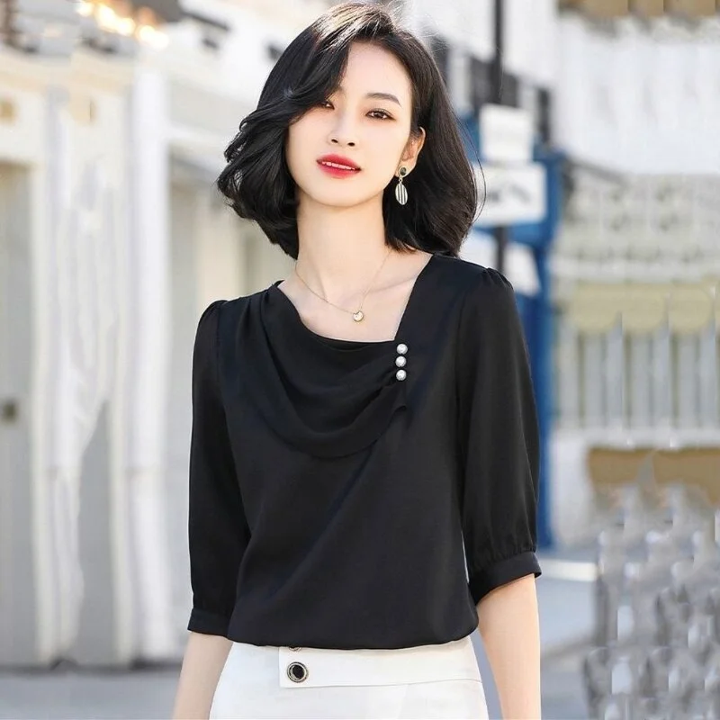 Jangj Slash-neck Beaded Red Chiffon Shirt Spring Summer Short Sleeve Blouse Korean Style Elegant Shirt Professional OL Shirt