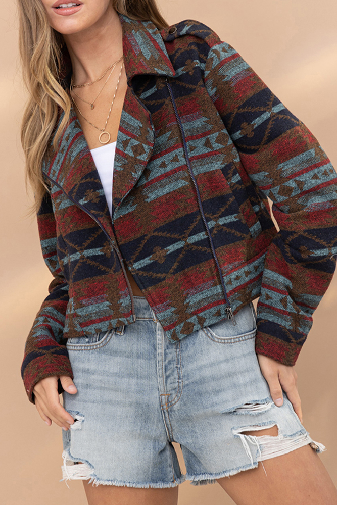 Aztec Print Lapel Pockets Short Jacket Coat