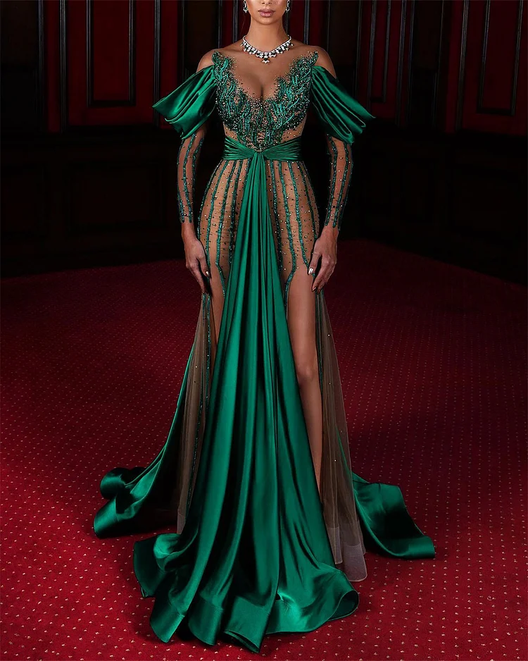 Green Slit Sequin Dress