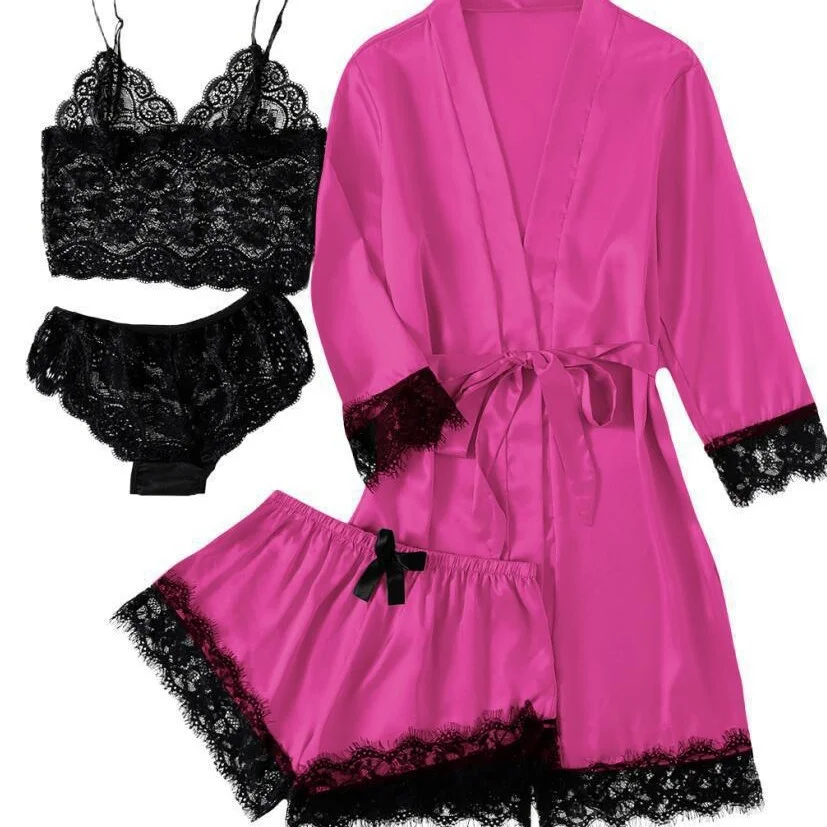 Brownm 2021 New Ladies Pajamas Four-Piece Sexy Sling Skirt Set Home Lace Pajamas Set