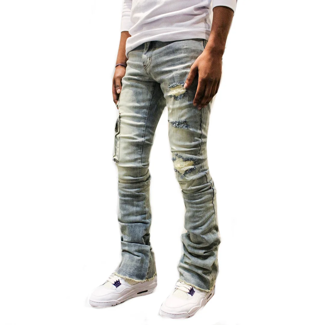 Fashion retro ripped hole distressed three-dimensional pocket jeans