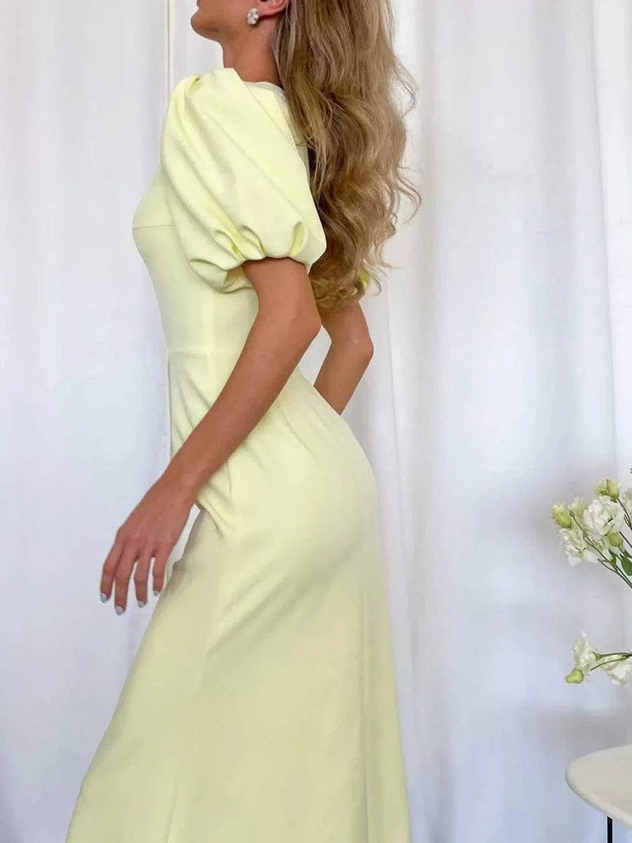 Simple High Waist Puff Sleeve Midi Dress