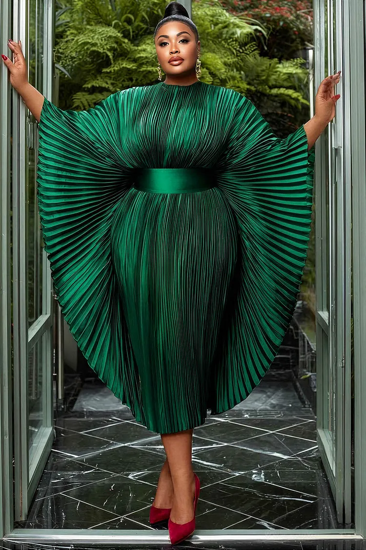Xpluswear Design Plus Size Formal Emerald Green Round Neck Batwing Sleeve 3/4 Sleeve Pleated Satin Midi Dresses [Pre-Order] 2024 - Xpluswear