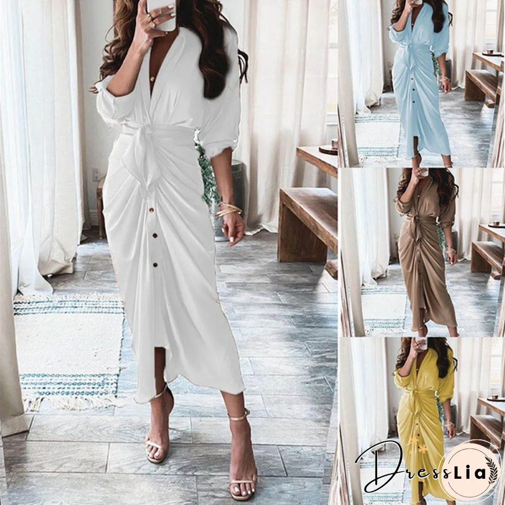 Women's Fashion Summer Long Sleeve V-Neck Button Print Dress Long Skirt