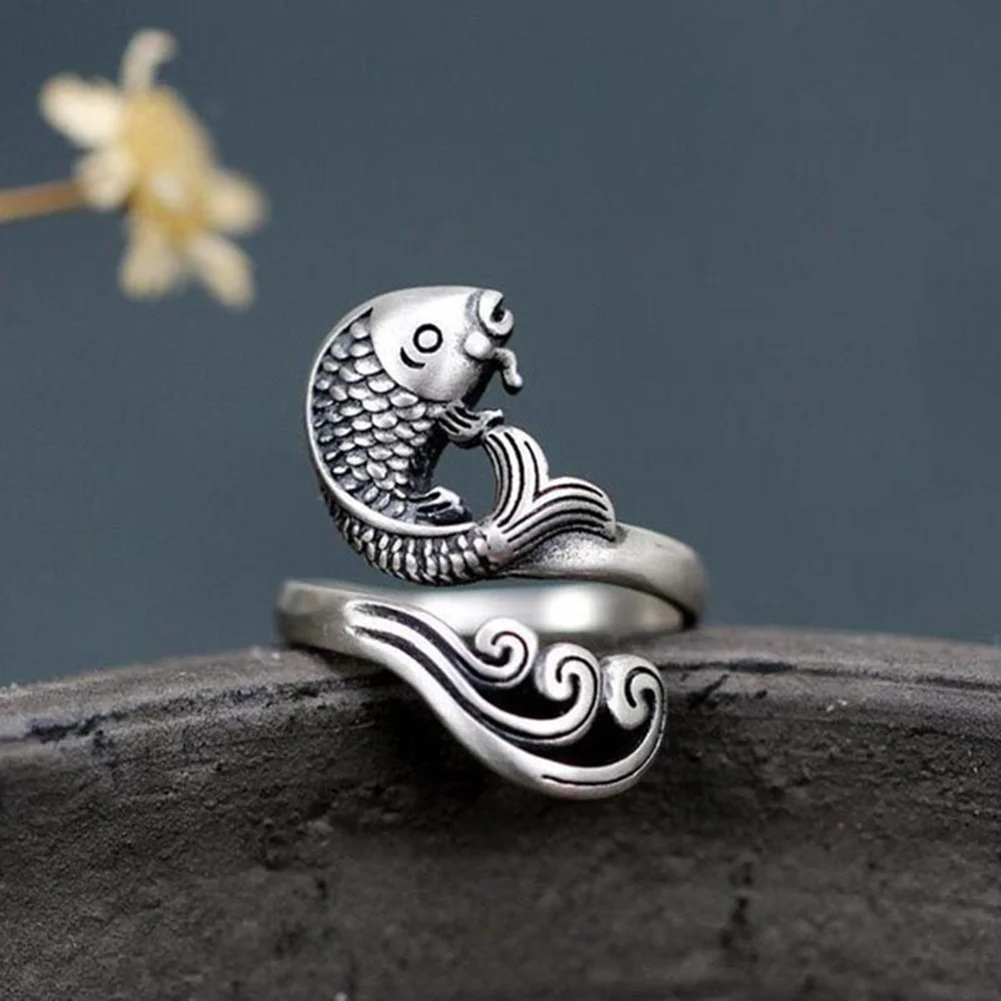 Women Vintage Opening Alloy Ring Adjustable Thimble Crochet Loop (Koi Fish)